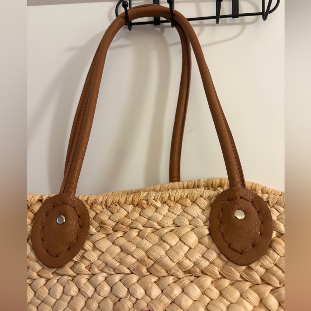 Womens Bonjour Handwoven Straw Tote Handbag Summer Beach Bag with Handles - Picture 4 of 5